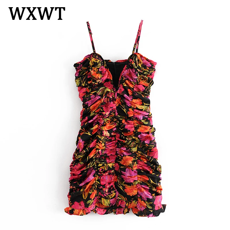WXWT Naujas Moterų Romantiška Neon Atogrąžų Spausdinti Suknelė 2021 M. Vasarą Seksualus V-Kaklo Suspender Temperamentas Mini Suknelė LDZZ6371