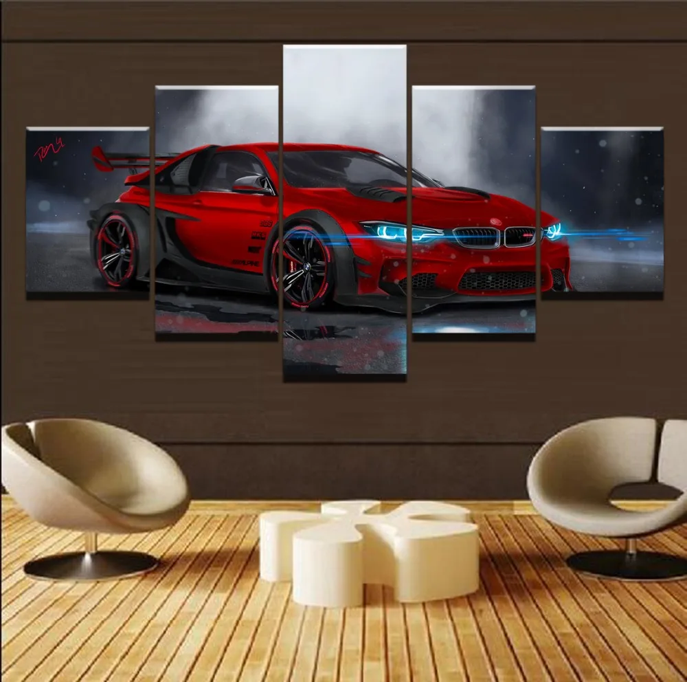 Sienos Meno Tapybos Drobės Rėmo HD Spaudinių Modulinės Plakatas Kambarį 5 vnt M4 Raudonos spalvos sportinių Automobilių Nuotraukas, Namų dekoro