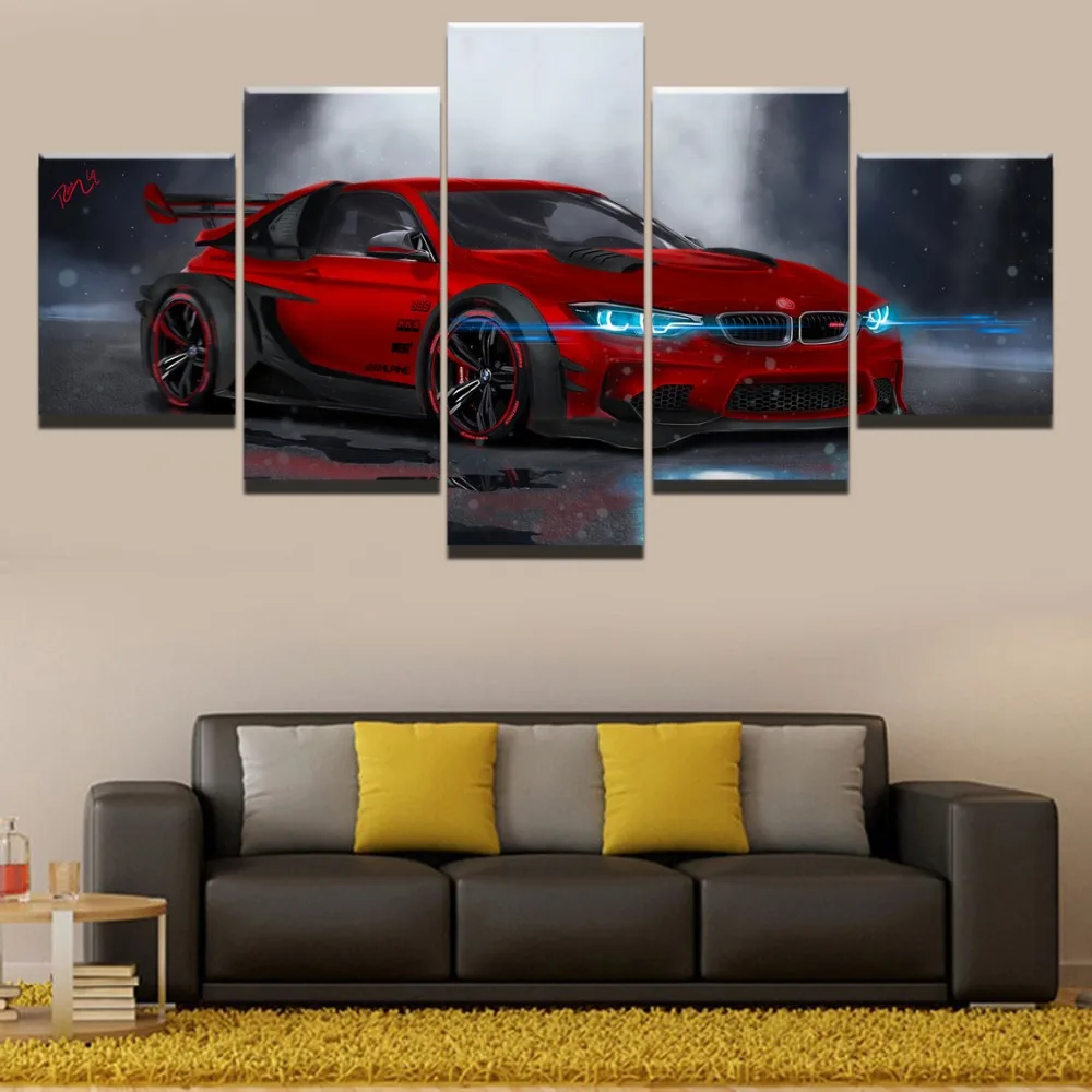 Sienos Meno Tapybos Drobės Rėmo HD Spaudinių Modulinės Plakatas Kambarį 5 vnt M4 Raudonos spalvos sportinių Automobilių Nuotraukas, Namų dekoro
