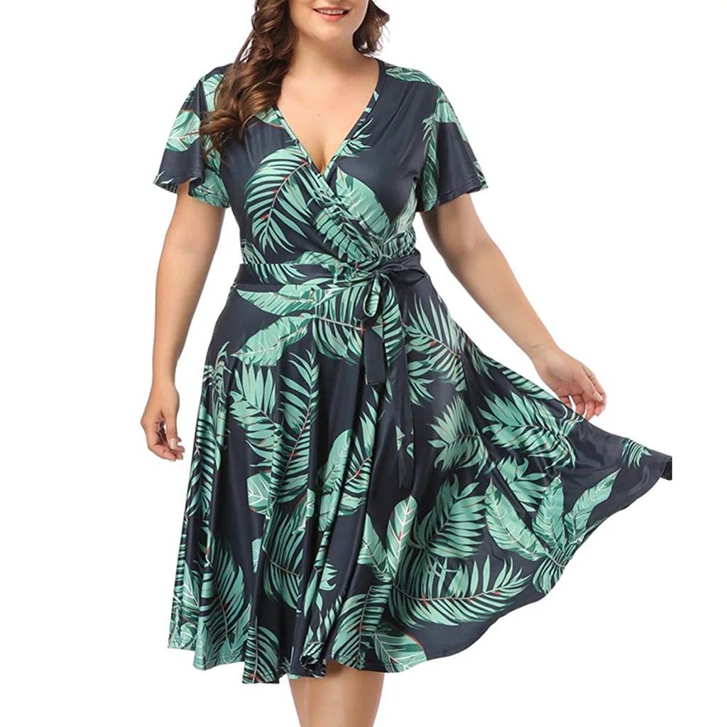 Plius dydis suknelės moterims 4xl 5xl 6xl žalia Moterų sexy v kaklo trumpomis rankovėmis lapų spausdinimo wrap dress didelis dydis vasaros suknelės 2020 m.