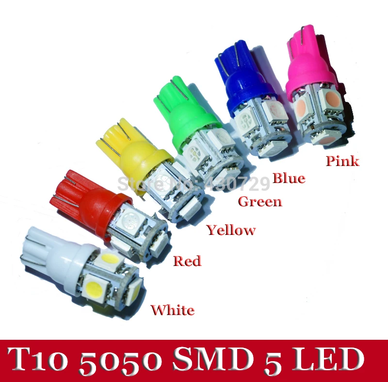500X super šviesus, T10 lemputė 12V 1W 5 SMD 192 168 194 W5W, LED lempos Pusėje Šviesos Pleištas Lempučių Lempa balta raudona mėlyna geltona žalia rausva