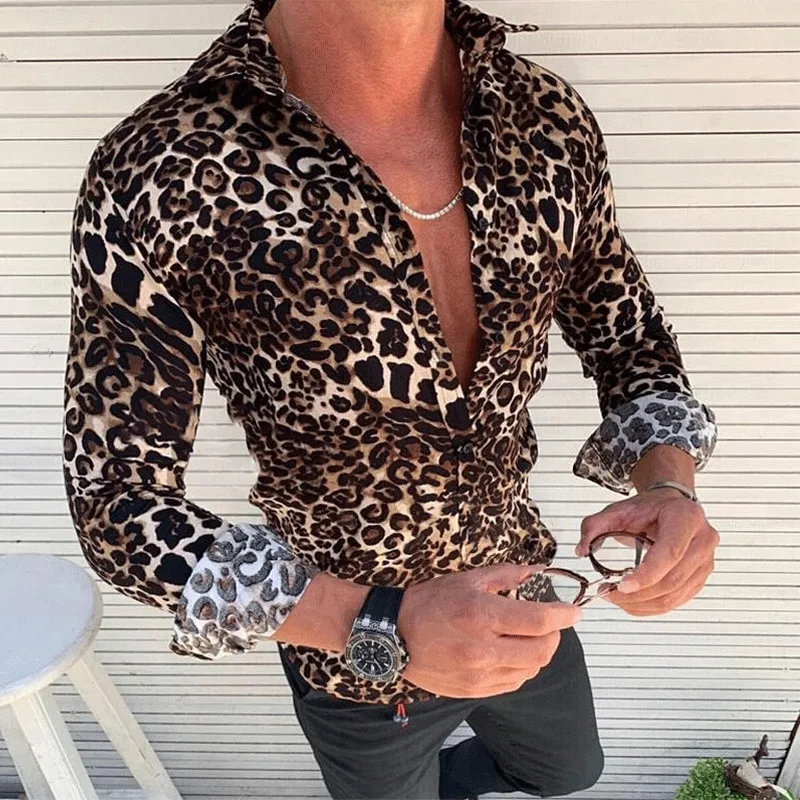 2019 Mados Vyrų Atsitiktinis ilgomis Rankovėmis Leopardas Spausdinti Turn-žemyn Apykaklės Marškinėliai Atsitiktinis Stilingas Slim Fit Marškinėliai Mens Viršūnės
