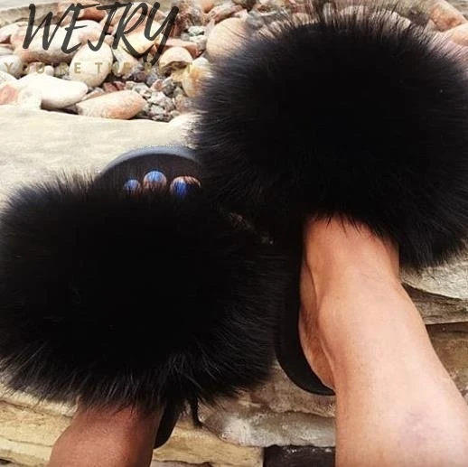 Didmeninės Nekilnojamojo Fox Fur Skaidres Furry Patalpų Šlepetės Moterims, Namų Batai, Moteris Purus Butas Sandalai Vasarą Dizaineris Prekės Plus Size
