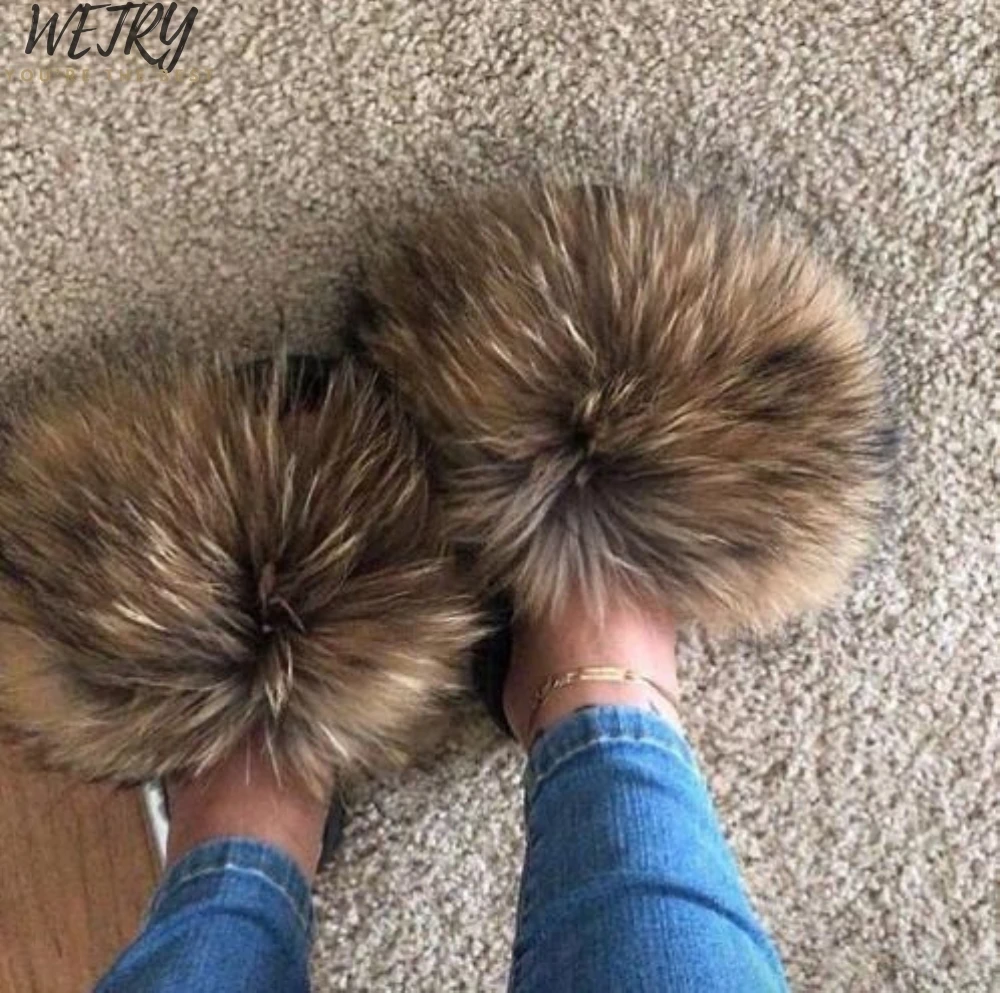 Didmeninės Nekilnojamojo Fox Fur Skaidres Furry Patalpų Šlepetės Moterims, Namų Batai, Moteris Purus Butas Sandalai Vasarą Dizaineris Prekės Plus Size