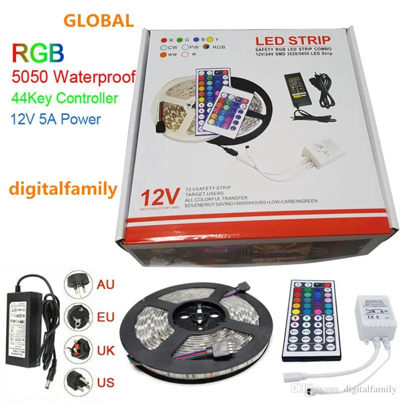 5M RGB LED Juosta 5050 LED Šviesos Kalėdų dovana Vandeniui (44 Klavišai ir SPINDULIŲ Nuotolinio valdymo pultelis+DC12V 5A Maitinimo Adapteris Mažmeninės Langelyje