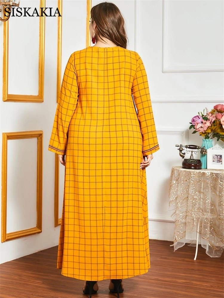 Siskakia Elegantiškas Etninės Gėlių Siuvinėjimas Pledas Ilga Suknelė Moterims Rudenį 2020 Geltona Plius Dydis V Kaklo Visą Rankovės Arabų Drabužiai
