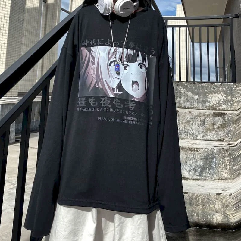 Gotikos marškinėlius moterims, vyrams, ilgomis rankovėmis moteriška korėjos ins Harajuku retro animacinių filmų anime spausdinti laisvi marškinėliai studentų dugno shir