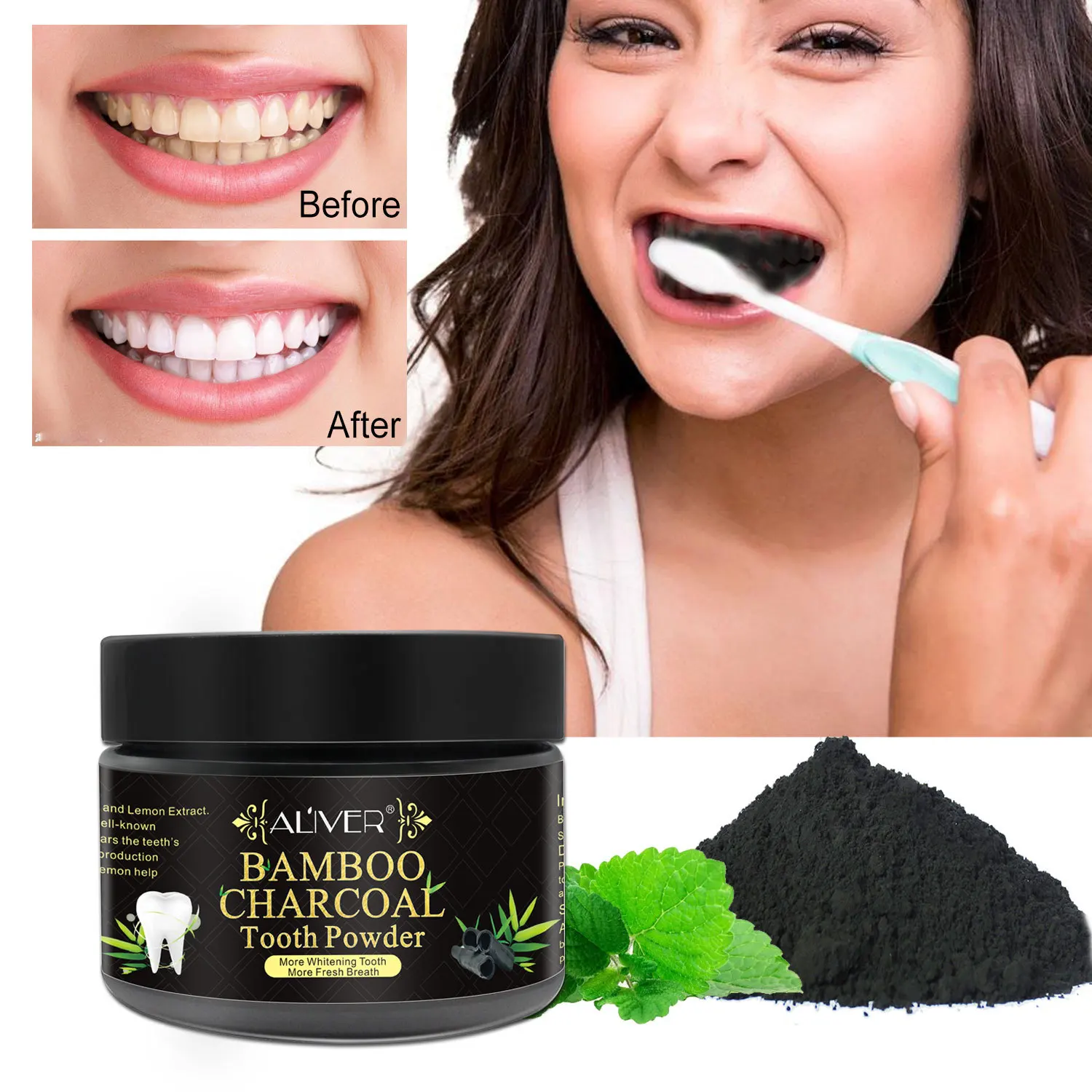 ALIVER bambuko anglis kokoso lukšto skonio dantų balinimo milteliai, dantų dėmes dūmų geltona burnos, dantų akmenys, dantų valymas