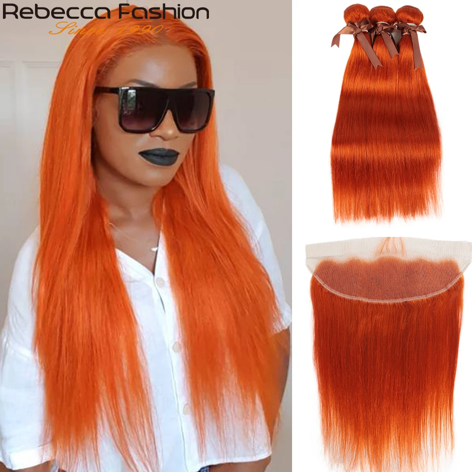 Rebecca Oranžinės Spalvos Susiejamos Su Priekinės Tiesūs Plaukai, Priekinės Su Ryšulių Brazilijos Remy Human Hair 3 Ryšulius Su Uždarymo