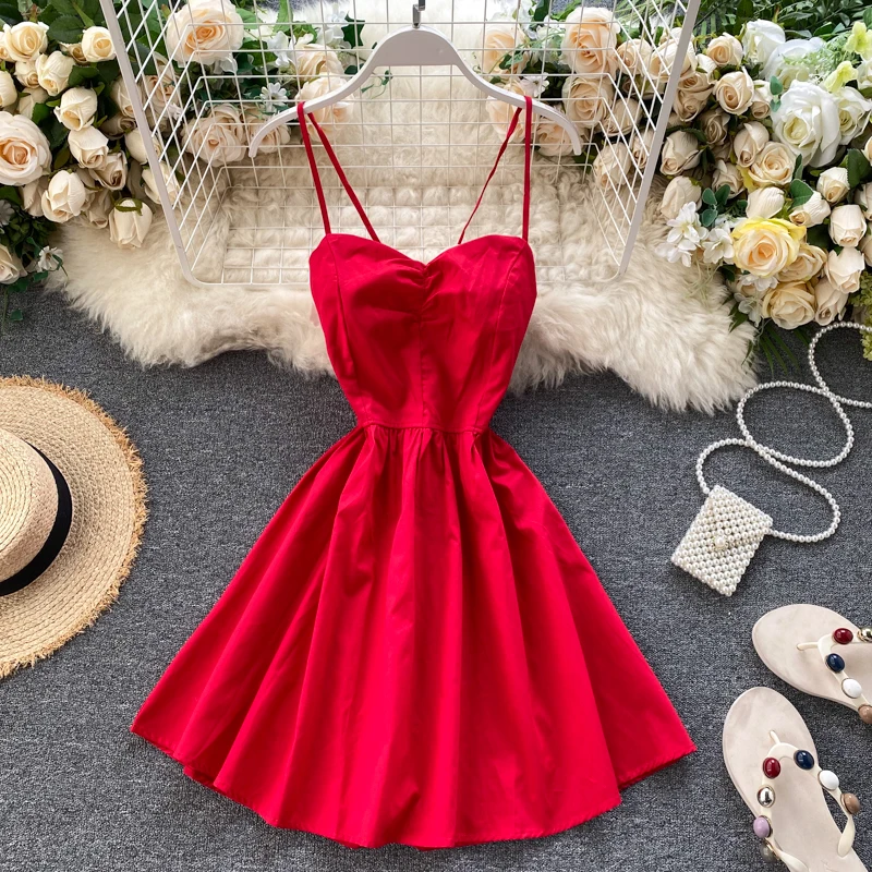 2020 Seksualus V-kaklo, Atvira nugara Moterų Suknelė Vasarą Klubas Šalies Rankovių Aukštos Juosmens Raudona Spageti Dirželis Suknelė Moterų Vestidos