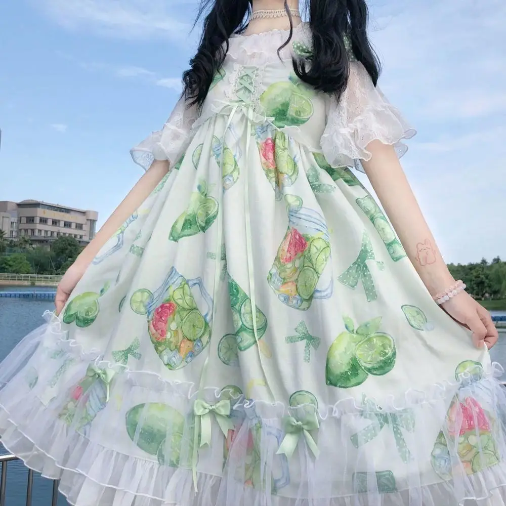 Kawaii Lolita Kalkių vasaros Lolita jsk mažų šviežių žaliųjų spausdinti petnešos Lolita moterų saldus suknelė kawaii girl gotikos suknelė
