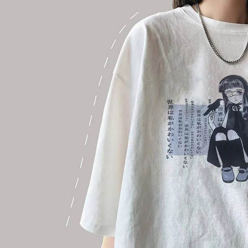 Japonijos anime stiliaus drabužiai marškinėliai pusė rankovės streetwear moterų drabužių grafinis viršūnes 2020 korėjos vasaros naujus o-kaklo marškinėlius