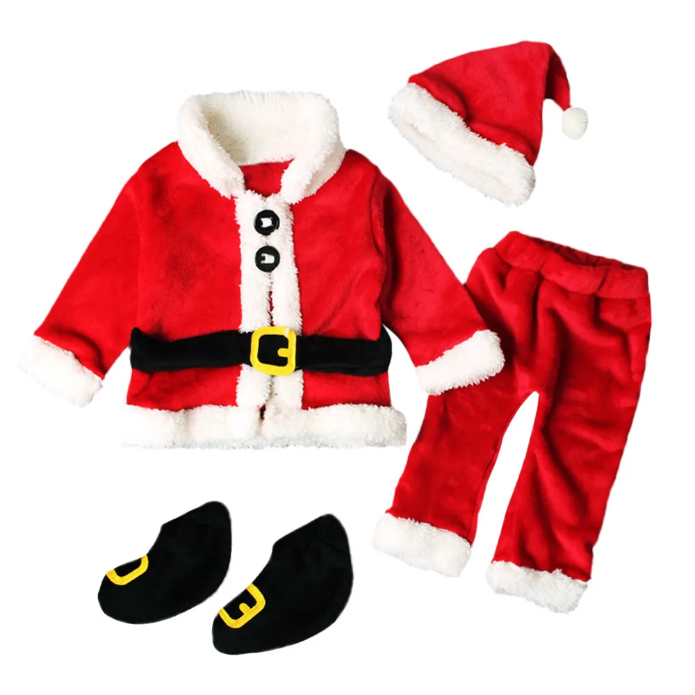 4Pcs Kalėdų Kostiumas Berniuko, Santa Claus Drabužių Rinkinius Kūdikio Mergina ilgomis Rankovėmis Viršūnes+Kelnės+Hat+Socking Kostiumai Bamblys vaikiški Drabužiai