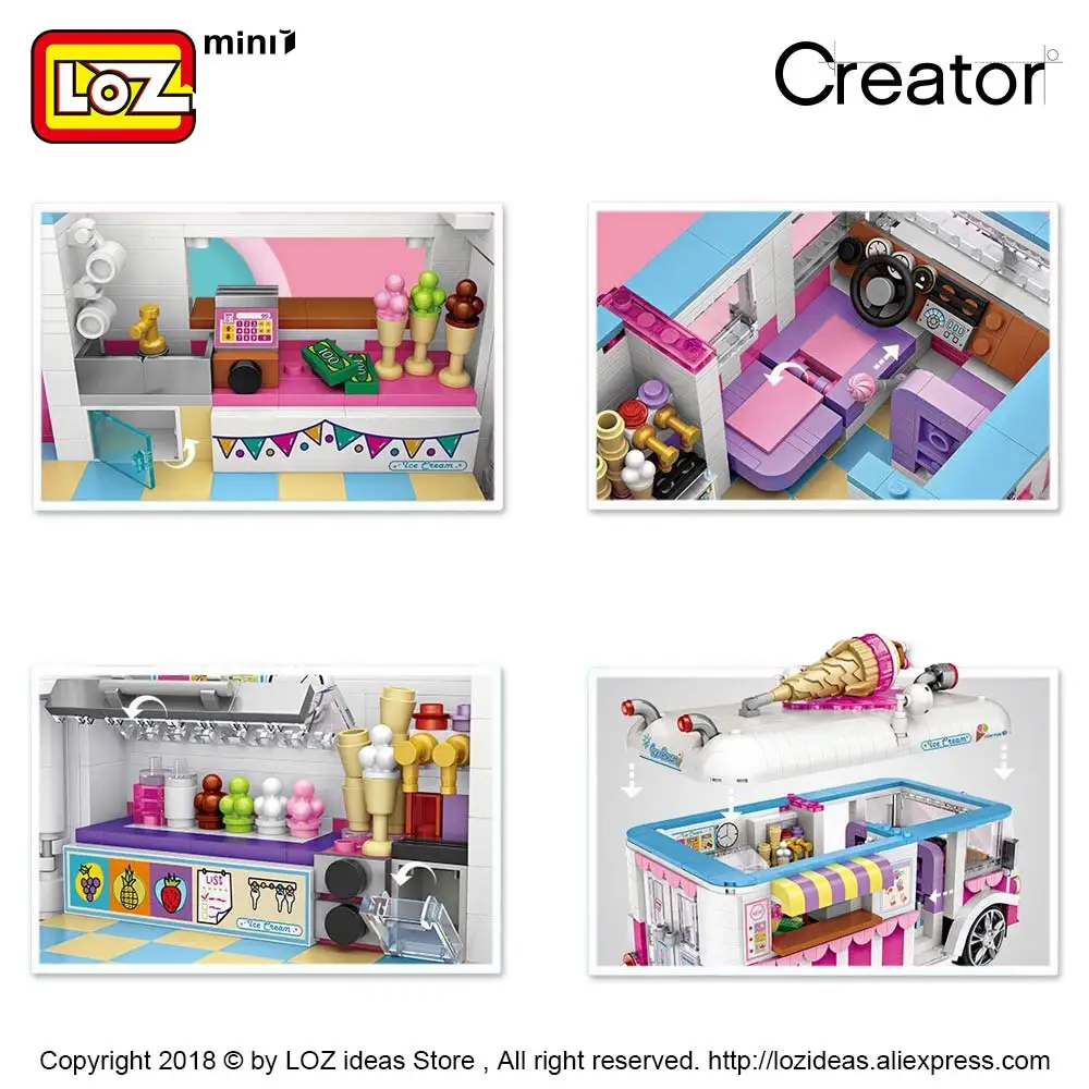 LOZ Mini Blokų, Statybinių Plytų įrangos pardavimas, biuro įrangos Ice Cream Van Rožinė Automobilių Tortas Autobusų Modelio Švietimo Asamblėjos Vaikams, Žaislų, Dovanų Kūrėjas 1112
