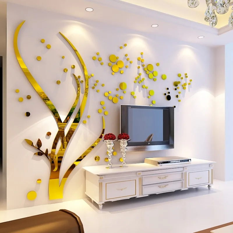 Šiuolaikinės Medžio Veidrodis Kristalų Akrilo Sienų Lipdukai Gyvenamasis Kambarys su Sofa-lova, TV Foną 