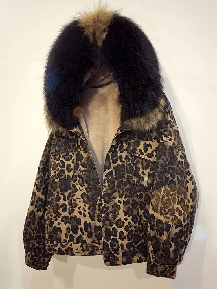 Ėriukų vilna Džinsinio Striukė Moterims, Žiemos Mados Leopard Šiltu Vilnos Šiltas Parko Storas Didelis Kailiniai su Gobtuvu Džinsai Striukė Didelis dydis Džinsinio audinio Sluoksnį