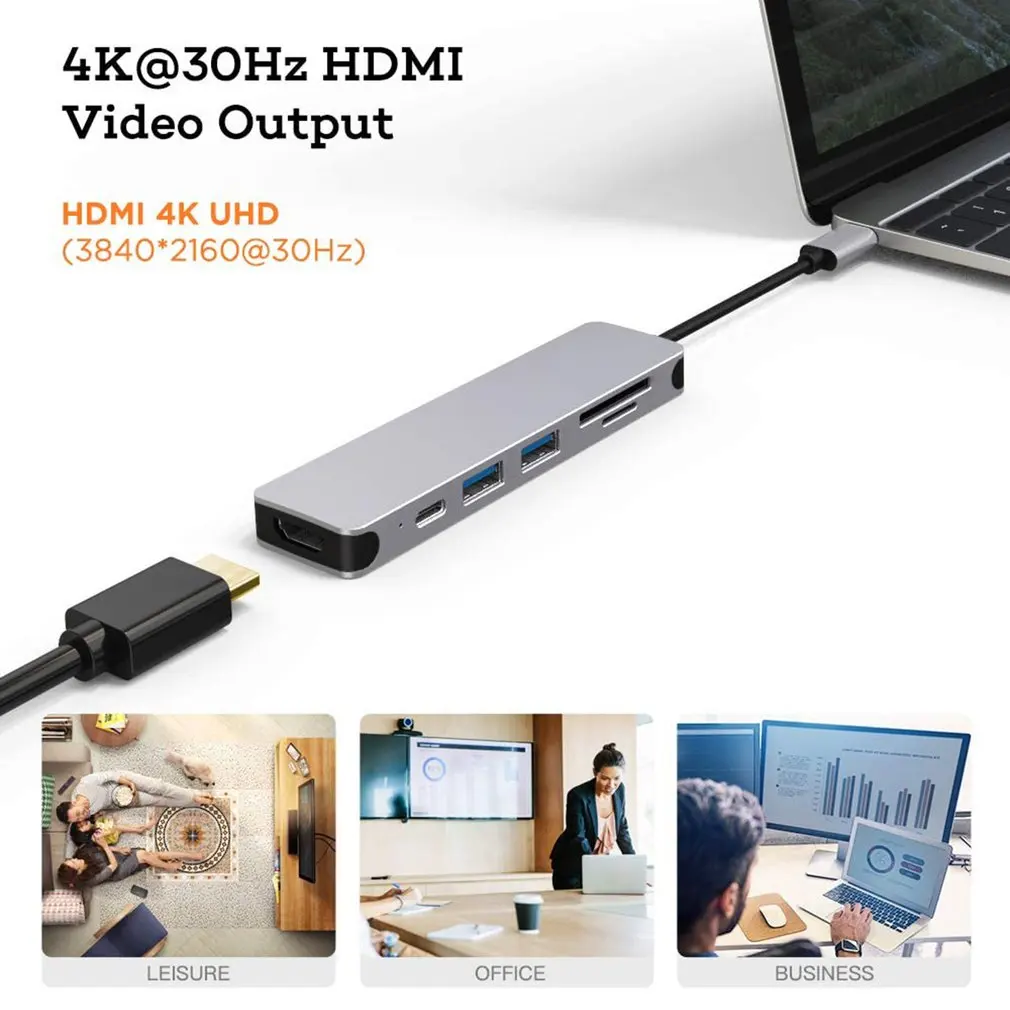 6 in1 USB Tipo C Hub Adapteris su 4K HDMI Multiport Kortelių Skaitytuvas USB3.0 TF PD Vaizdo Multi Uostų Adapteris, skirtas 