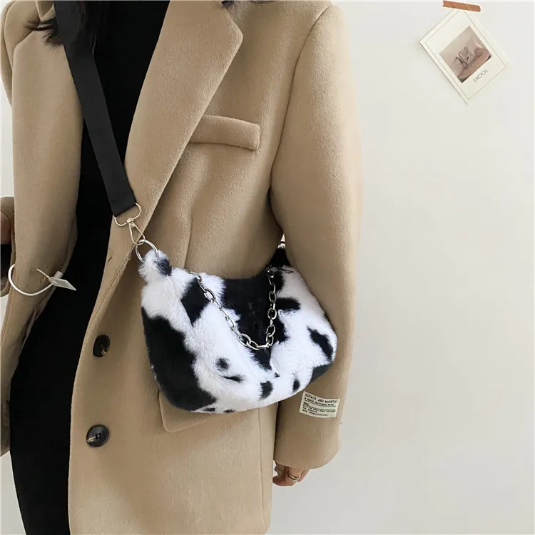 Mielas Karvių Spausdinti Pliušinis Krūtinės Krepšiai Moterims Pažastų Dėklas juosmens krepšys Purus Rankinės Ponios Mados Atsitiktinis Moterų Minkštos pagalvės Kibirą, Maišą