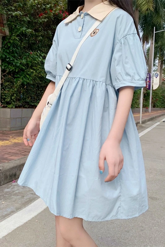 Japonijos Saldus Atsitiktinis Princesė Suknelė Moteriška Vasaros Polo apykakle Prarasti Aukšto juosmens Lokys Siuvinėjimo Short-sleeve Dress Kolegijos Stilius