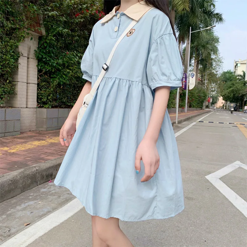 Japonijos Saldus Atsitiktinis Princesė Suknelė Moteriška Vasaros Polo apykakle Prarasti Aukšto juosmens Lokys Siuvinėjimo Short-sleeve Dress Kolegijos Stilius