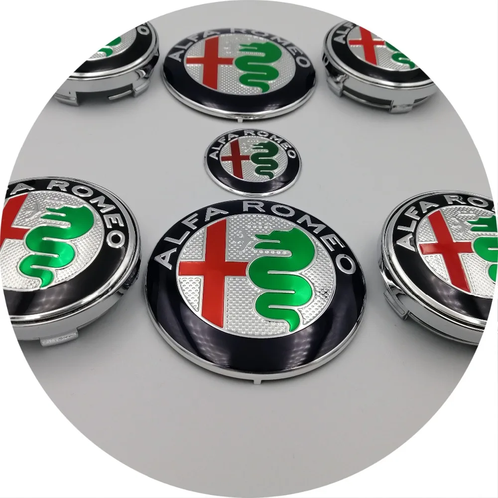 7pcs Alfa Romeo Naujasis Logotipas 74mm Gaubtu bagažo skyriaus+ Vairas Ženklelis+ 60mm Varantys Center Cap Emblema Brera ir 159 SW Naujas Voras Giulietta