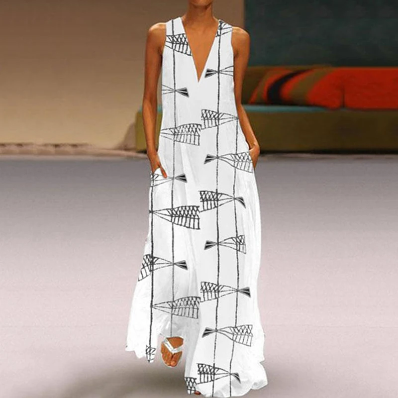 Lipswag Derliaus Rankovių Drugelis Spausdinimo Suknelė Moterims 2019 M. Vasarą Kišenės Boho Paplūdimio Maxi Suknelė Atsitiktinis Palaidų V Kaklo Suknelė Femme