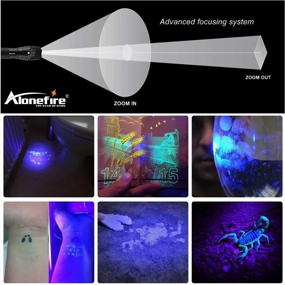 AloneFire G700 Priartinimas LED UV Žibintuvėlis 365nm Žibinto lempa UV Kietėjimo Kelionės saugos UV Skorpionas Popieriniai pinigai Aptikimo AAA 18650