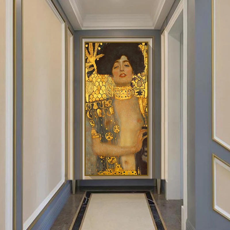 Judita ir Holofernes Gustav Klimt Žinomų Paveikslų Spausdinti Drobės Tapybos Kūrinys Plakatai Aukso Sienos Menas Nuotraukas, Namų Dekoro