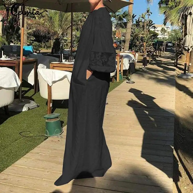 Moterų Ilgas, Maxi Marškinėliai Suknelė Bohemijos Paplūdimio Nėrinių Susiuvimo Suknelės Celmia 2021 M. Vasaros Atsitiktinis Palaidų ilgomis Rankovėmis Šalies Vestido 5XL