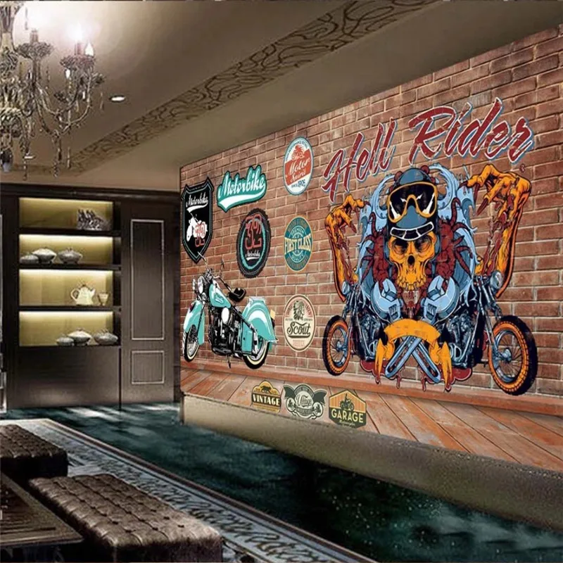 Europos Retro Motociklų Licenciją Plokštelės Raudonų Plytų Sienos Fone Sienų Tapetai KTV Baras Pramonės Dekoro Sienos Popieriaus 3D