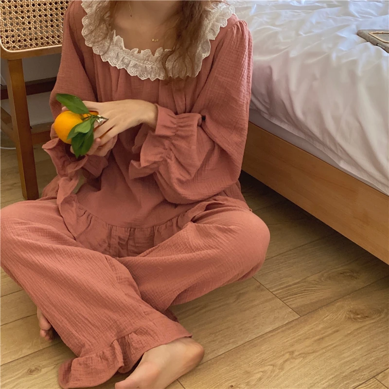 Korėjos stilius visiškai medvilnės sleepwear namų kostiumas moterų pižama nustatyti išgalvotas nėrinių puloveriai kelnės homewear drabužių rudens-žiemos naujas Y243