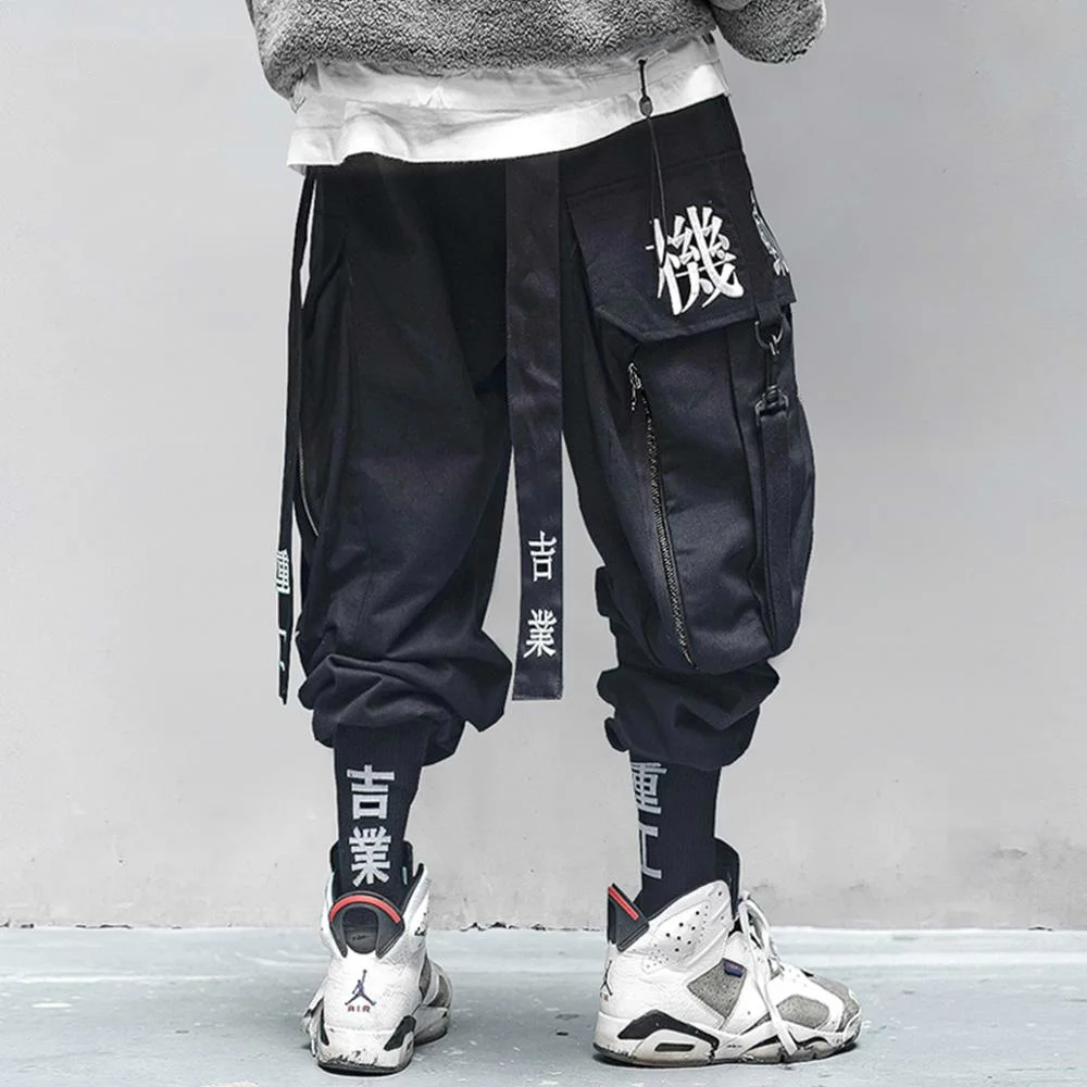Multi Pocket Hip-Hop Kelnės Vyrams Juostelės Elastinga Juosmens Harajuku Streetwear Poilsiu Mens Kelnės Techwear Kelnės juoda