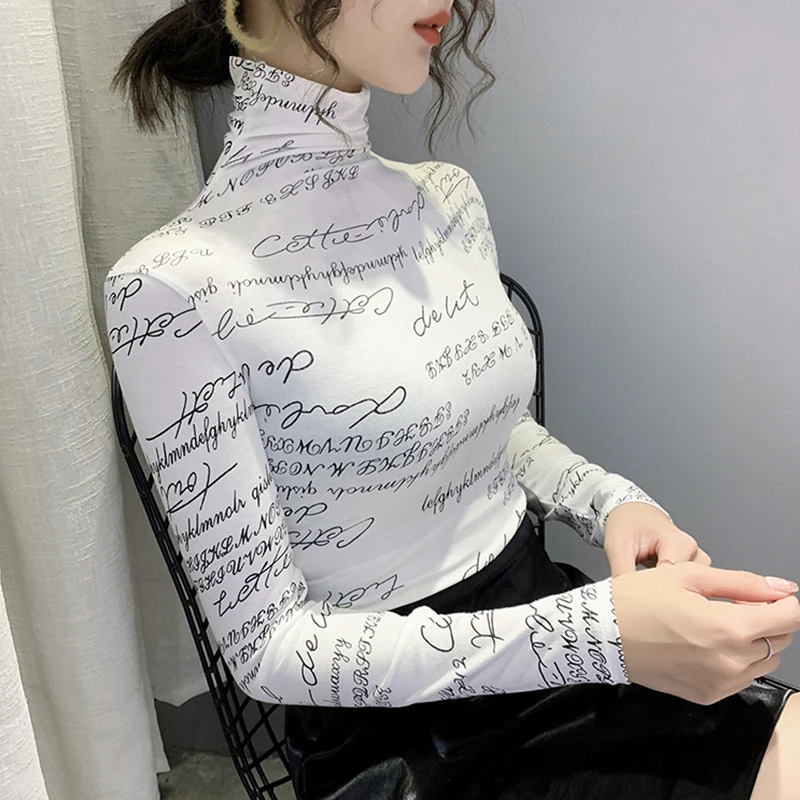 LJSXLS 2020 m. Rudenį korėjos Tee Marškinėliai Femme Laišką Printted Slim Moteris Tshirts Golfo Long Sleeve T-shirt Moterims, Harajuku Viršūnės