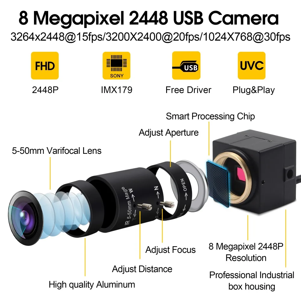 ELP 8 megapikselių Sony IMX179 CCTV USB box vaizdo kamerą su 5-50mm varifocal lens Rolling shutter vaizdo kamera