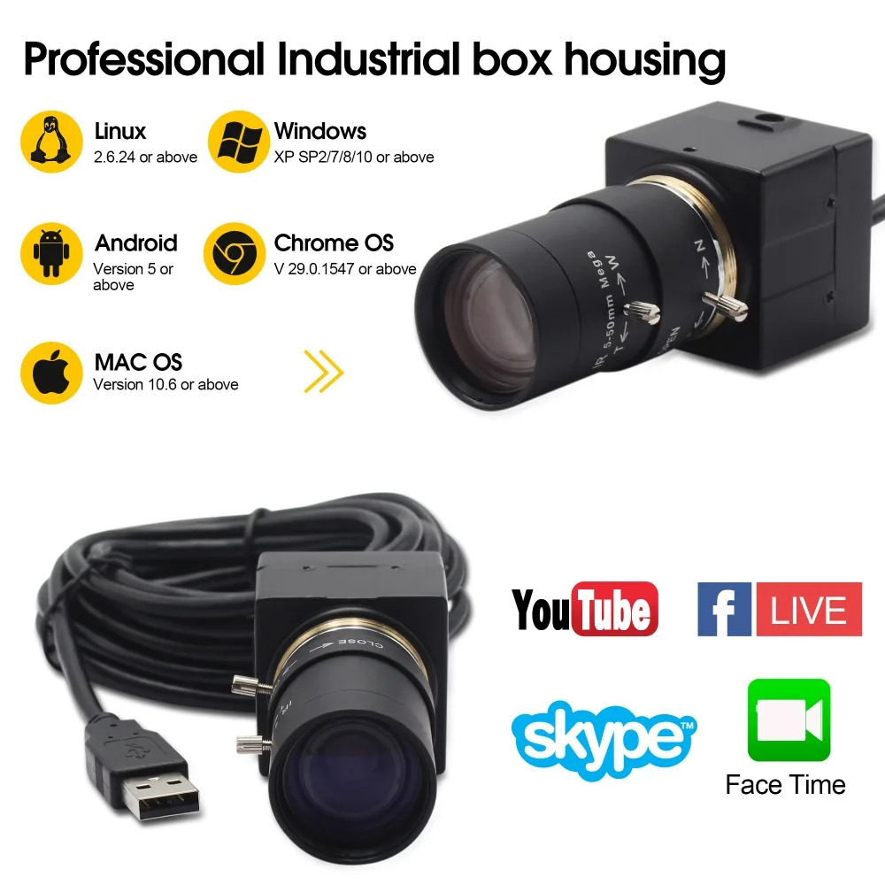 ELP 8 megapikselių Sony IMX179 CCTV USB box vaizdo kamerą su 5-50mm varifocal lens Rolling shutter vaizdo kamera