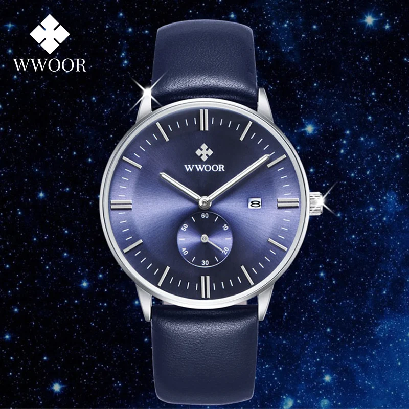Relojes hombre 2020 WWOOR Laikrodžiai Mens Prabanga Mėlyna Oda atspari Vandeniui Laikrodis Vyrų Mados Verslo Kvarco Laikrodį Dovanų Dėžutėje Vyras