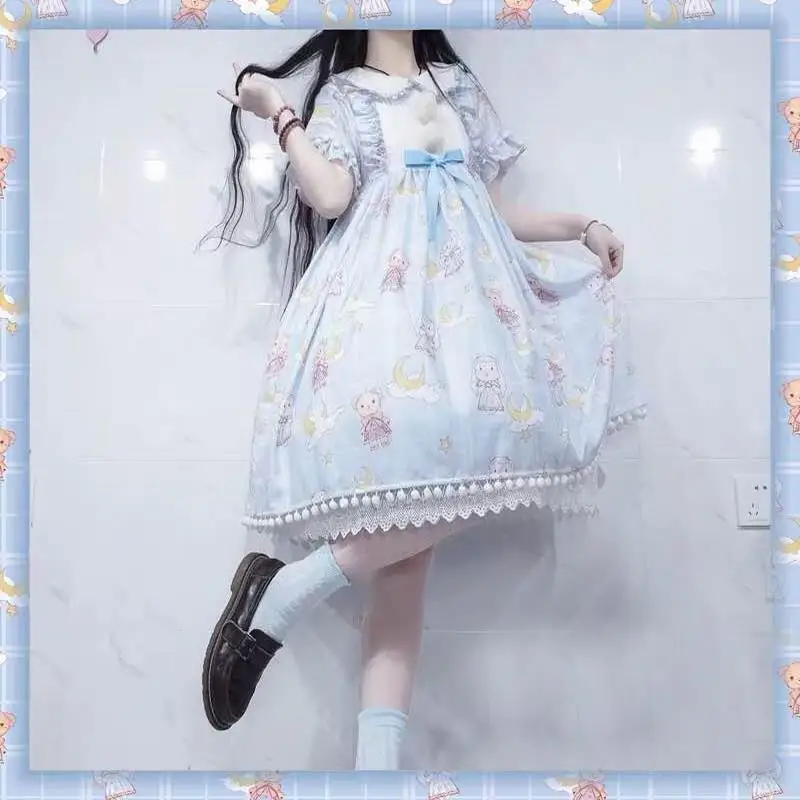 Japonijos Saldus Kawaii Lolita Suknelė lolita Minkštas Mielas Bear Rabbit Spausdinimo Biuras Kasdien Trumpas rankovėmis Suknelė Princess arbatėlė Suknelė