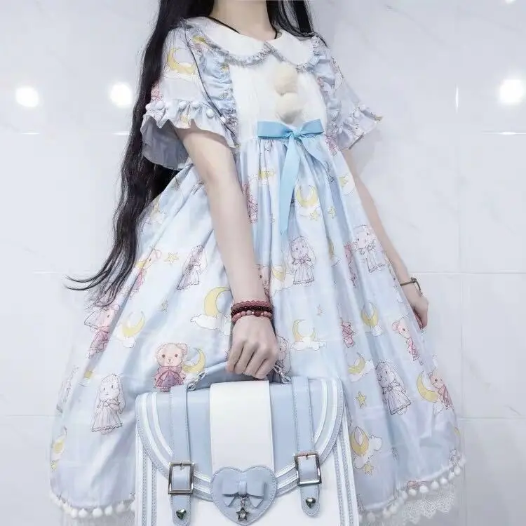 Japonijos Saldus Kawaii Lolita Suknelė lolita Minkštas Mielas Bear Rabbit Spausdinimo Biuras Kasdien Trumpas rankovėmis Suknelė Princess arbatėlė Suknelė