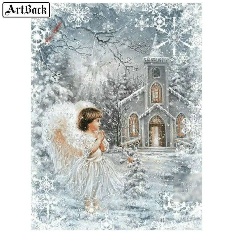 5d diamond tapybos angelas vaikas sniego pilis žiemos peizažas kvadratiniu gręžimo mozaikos lipdukas naują atvykimo 3d diamond siuvinėjimas