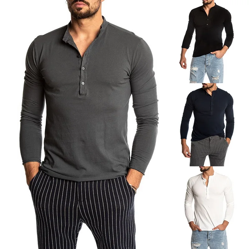 Mados Vyrų vientisos Spalvos ilgomis Rankovėmis O-kaklo marškinėliai 2019 Naujas Mens Atsitiktinis Slim Fit Henley Marškinėliai, Palaidinukė Poilsiu Viršūnės