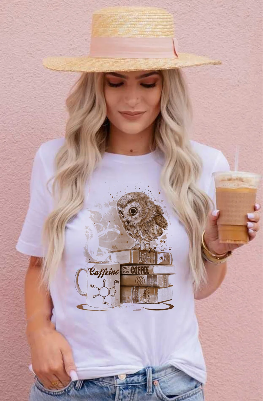 Mada Moterims Vasaros marškinėliai su Derliaus Pelėda Dizaino Trumpas Rankovės Marškinėliai Kavos Atsitiktinis Viršūnes Mielas Moterų Tees Camisetas Mujer