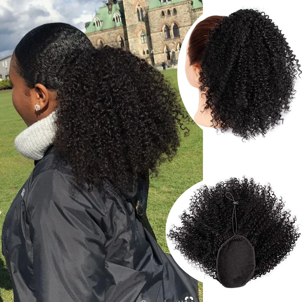 Afro Keistą Garbanotas Sintetiniai plaukai surišti į uodegą Sluoksniuotos Plaukų Bun surišti į arklio Plaukų Pratęsimo Raišteliu Trumpas Afro Pony Tail Įrašą apie Plaukų Bun