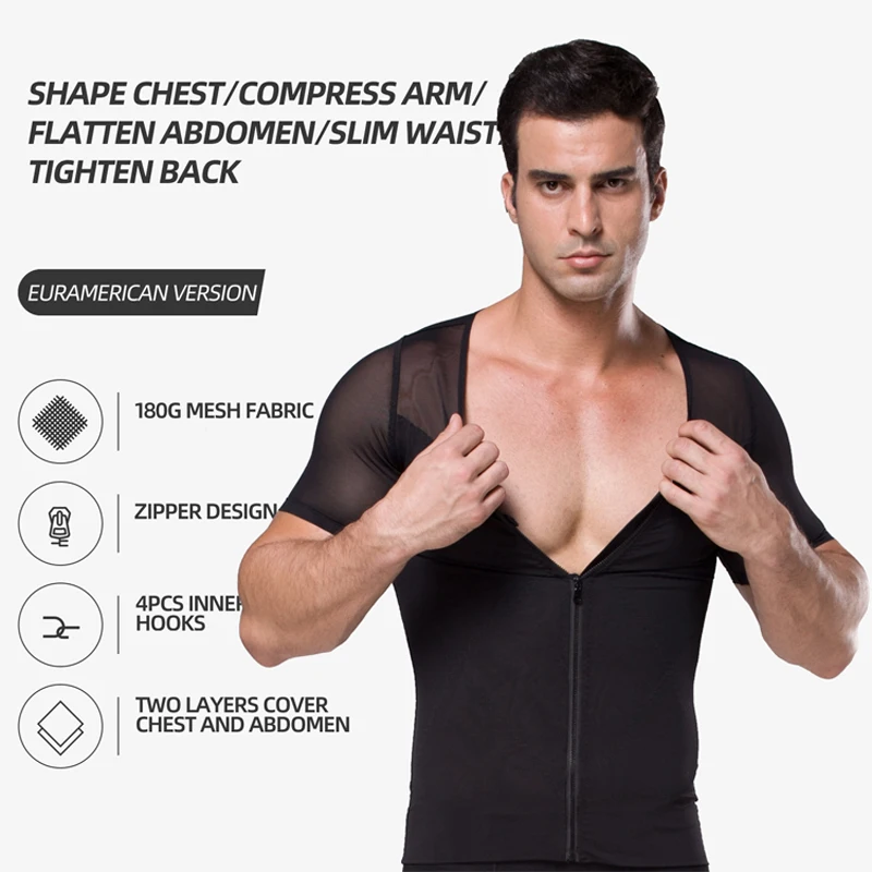 Vyriški lieknėjimą, svorio T-shirt užtrauktukas formos korsetas trumparankoviai apatiniai pilvo korsetas Vyras Modeliavimas, apatinio Trikotažo Korsetas