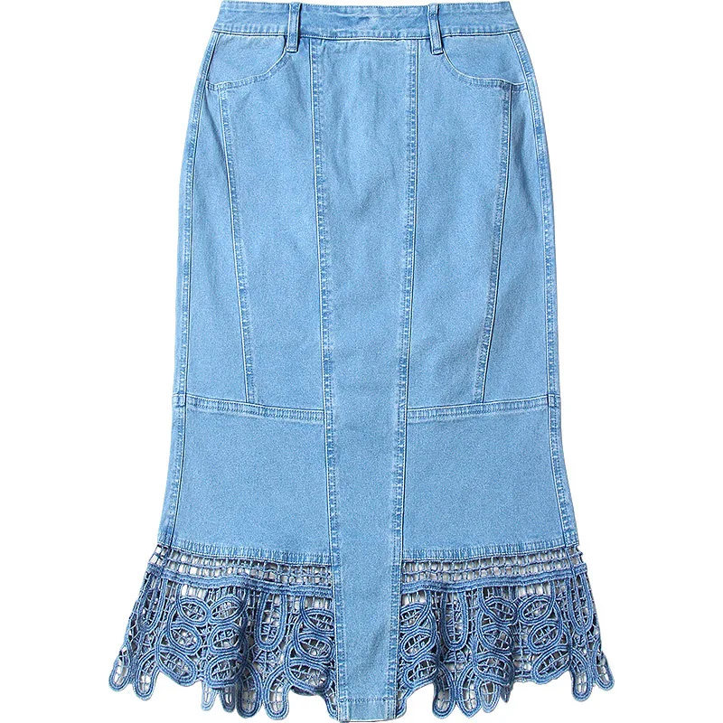 Vasaros stilingas džinsinis sijonas susiuvimo nėrinių sijonas overknee didelio dydžio moterų žingsnis sijonai NW18B2610