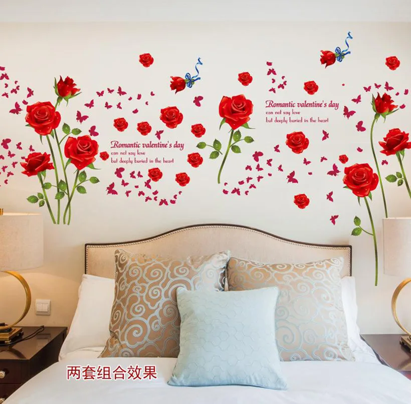 Raudonos Rožės Sienų Lipdukai Kambarį pora Miegamųjų namo apdaila meno lipdukai gėlės freskomis sofa fone