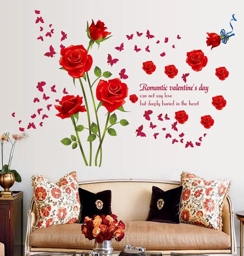 Raudonos Rožės Sienų Lipdukai Kambarį pora Miegamųjų namo apdaila meno lipdukai gėlės freskomis sofa fone