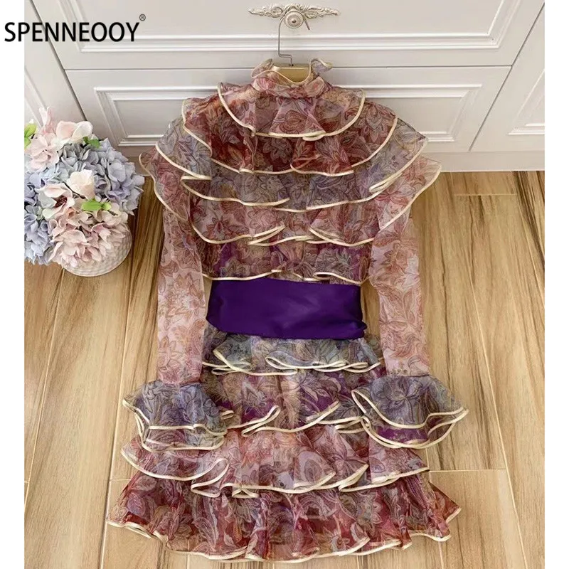 SPENNYMOOR 2021 m. Pavasario Vasaros kilimo ir tūpimo Tako prabanga Vintage Suknelė Moterims Užsakymą Mygtukai Spausdinimo Domino Pynimas Organza Mini Suknelė