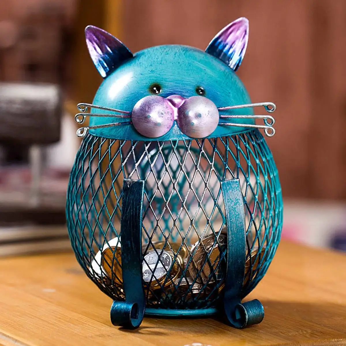 Katė monetų dėžutė Piggy bank Gyvūnų ornamentu ornamentu Geležies meno ornamentas Handcrafts Vidaus apdaila