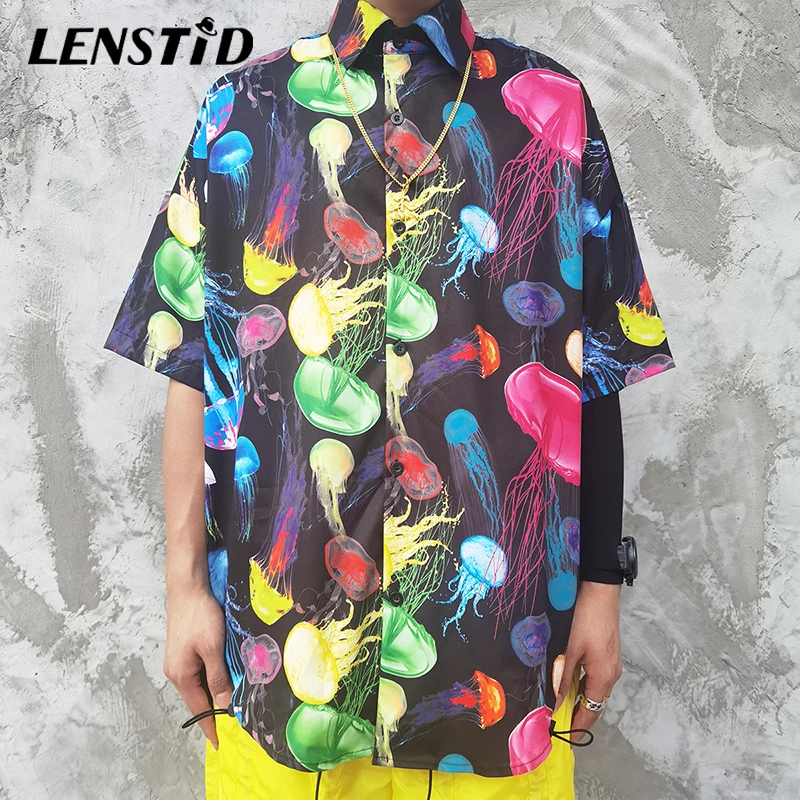 LENSTID Vyrų Hip-Hop Havajų Marškinėliai Spalvinga Medūzos Spausdinti Harajuku Streetwear Paplūdimys Marškinėliai Vasaros trumpomis Rankovėmis Negabaritinių Marškinėliai