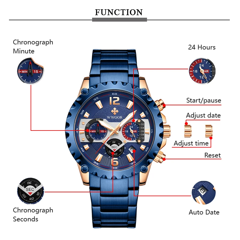 WWOOR Prekės ženklo Vyrai Laikrodžiai Chronograph Kvarcas Laikrodis Dienos Šviesos Vandeniui Nerūdijančio Plieno Blue Rose Gold Vyrų Riešo Žiūrėti